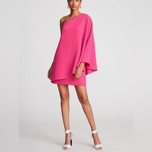 $445 NWT Halston “Melina” One-Shoulder Cape-Sleeve Mini Dress in Magenta Sz 4